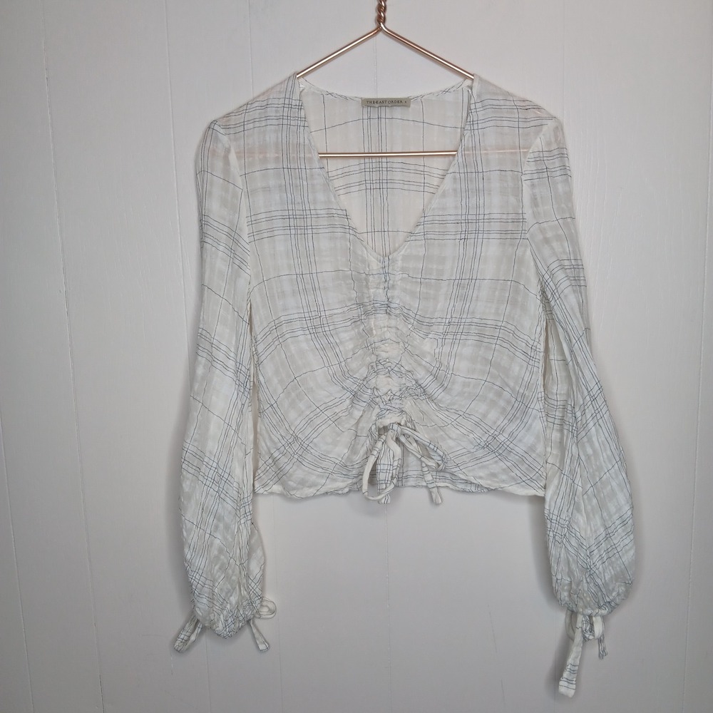 The East Order Blouse Womens Size S White Plaid Cinched Tie Front Linen Blend